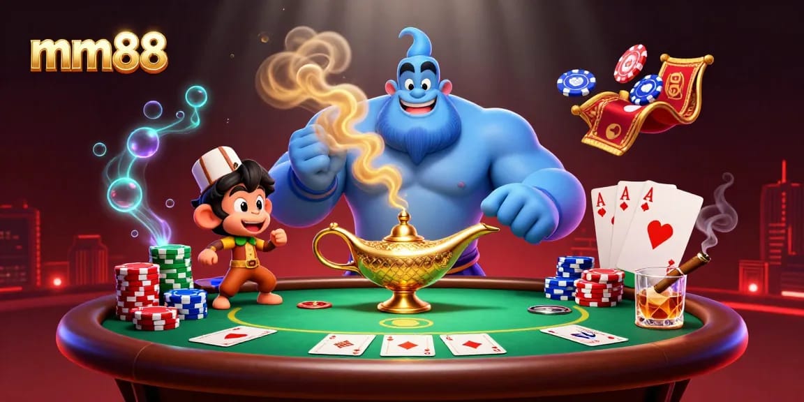 Elevate your game with mm88's immersive poker scene featuring a magical genie and dynamic chips.