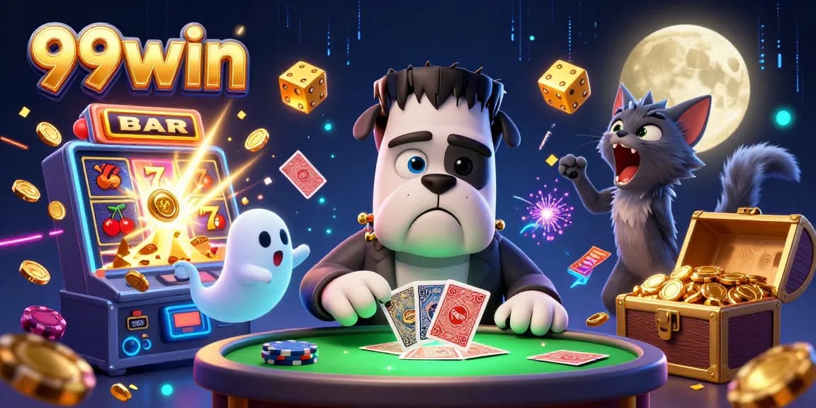 Engage with 99win in a vibrant casino scene featuring cartoon monsters, slots, and electrifying elements.