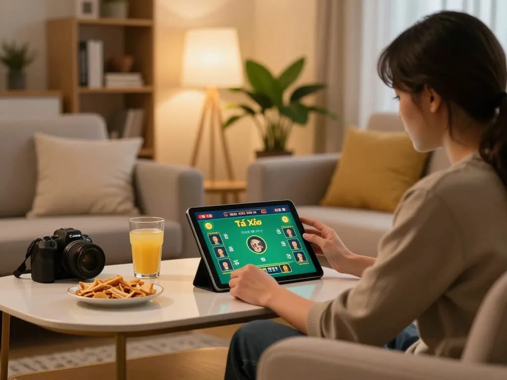 Tài xỉu online gaming with a user engaged on a tablet in a cozy home setting, showcasing strategic betting.