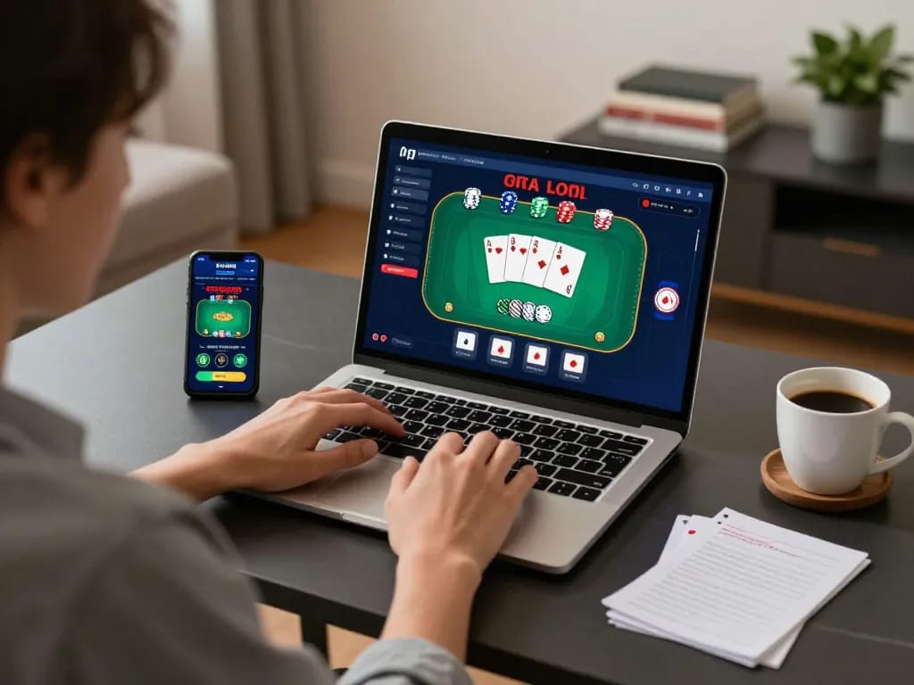 Engaging in responsible online casino gaming with TR88 using a modern laptop setup.