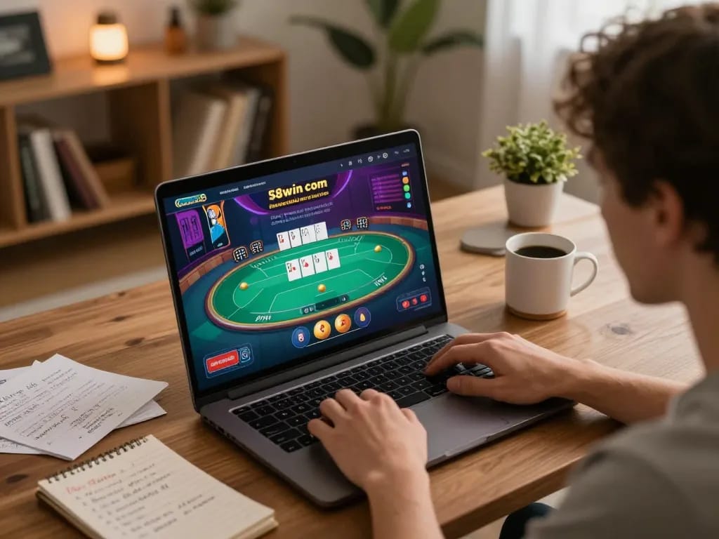Engaged player enjoying interactive poker game on 58win com laptop at home