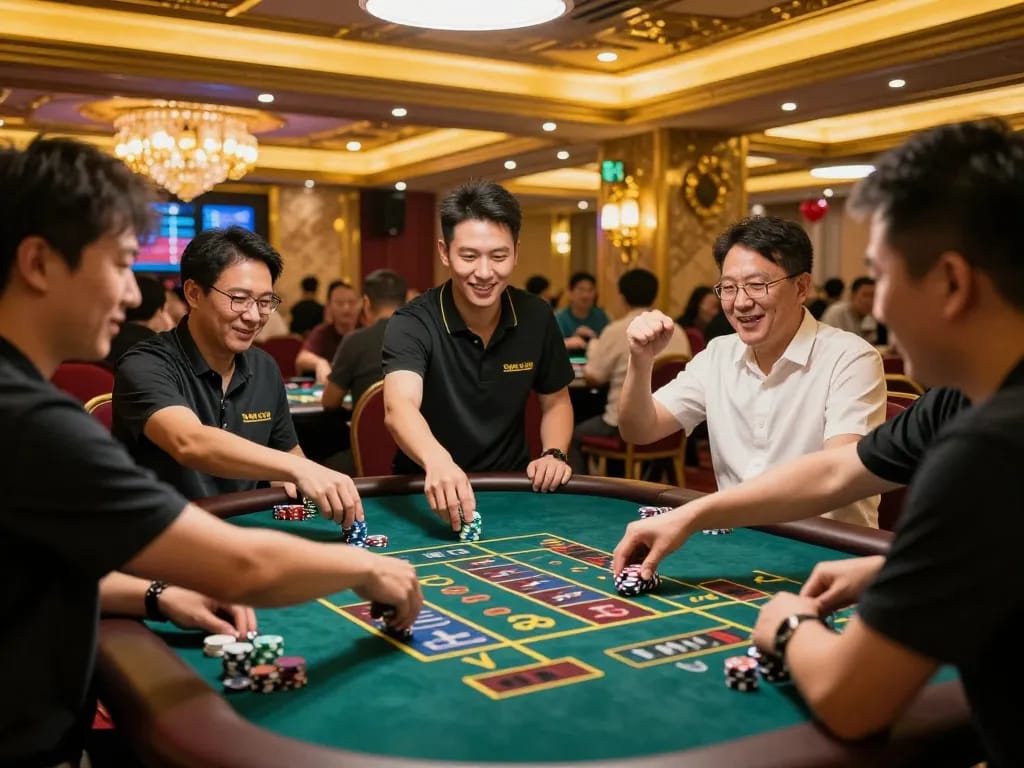 Các người chơi Sunwin ăn mừng chiến thắng tại bàn Tài Xỉu, thể hiện sự phấn khích và cuộc sống sôi động tại casino