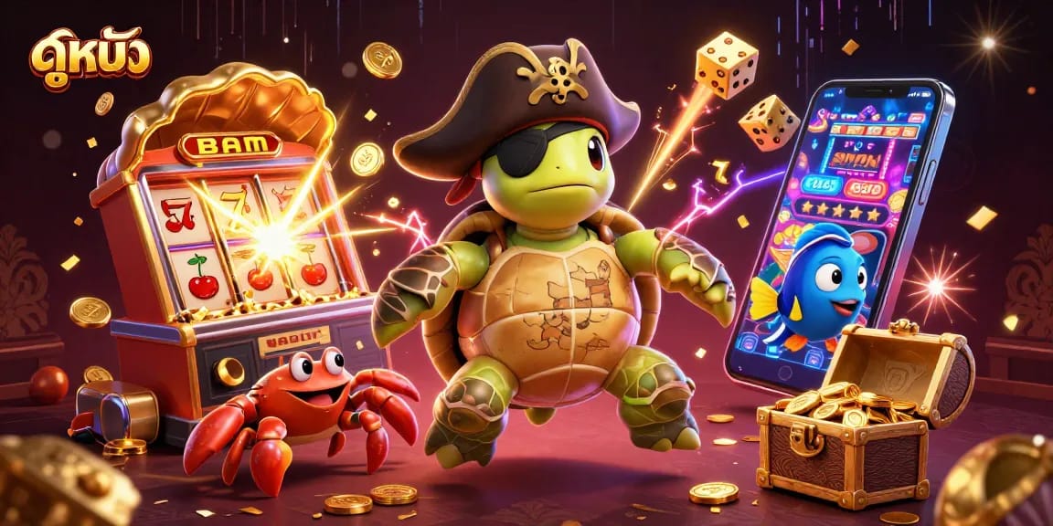 Experience ดูหนัง with a vibrant scene featuring colorful pirate characters and casino elements amidst a treasure backdrop.