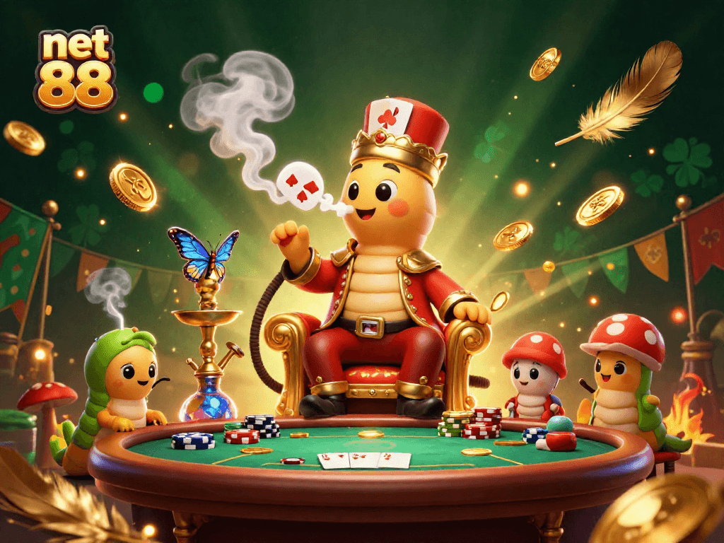 Experience net 88's exciting casino gaming with a vibrant illustration of poker elements and a mystical caterpillar.