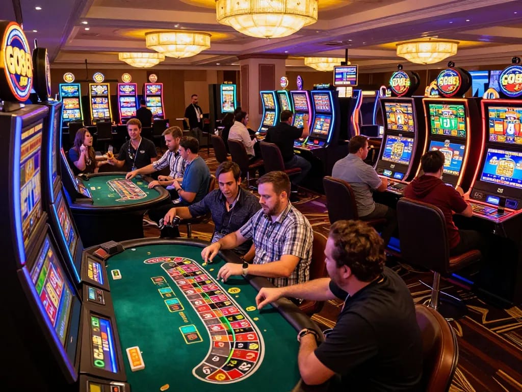 Các người chơi Go88 ăn mừng chiến thắng tại sàn casino sôi động với nhiều máy slot đầy màu sắc và các trò chơi bàn.
