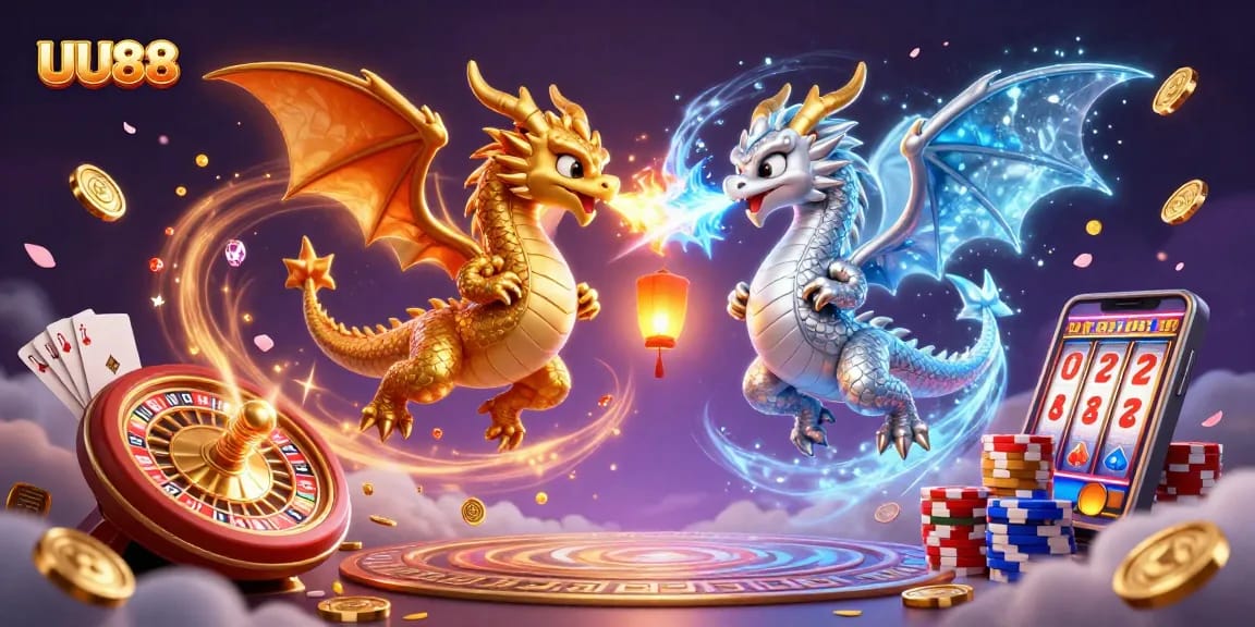 Experience UU88's thrilling gaming atmosphere with dynamic dragons and spectacular casino elements.