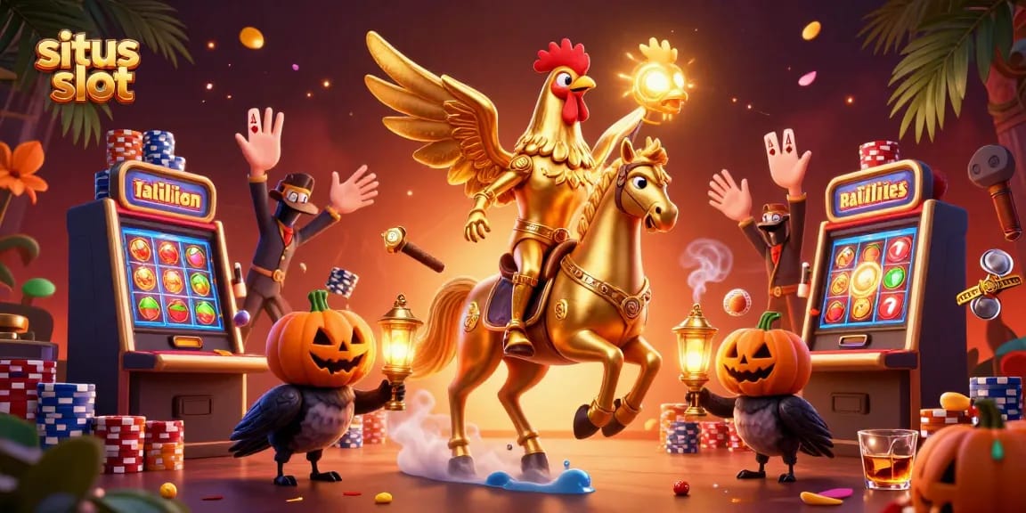 Experience situs slot excitement with a dynamic casino scene featuring unique characters and slot machines.