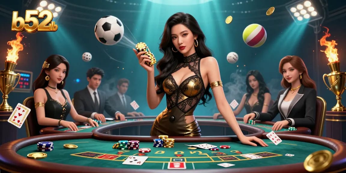 B52club gameplay scene with a confident Asian woman at a VIP baccarat table surrounded by poker elements.