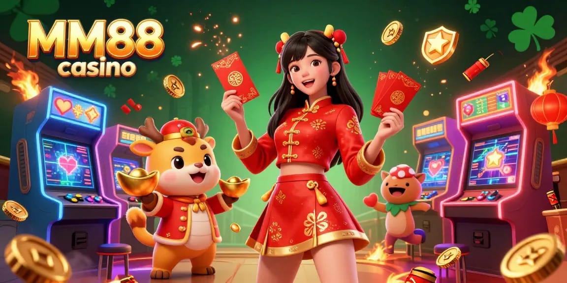 Experience the excitement of MM88 casino with vibrant characters and gaming elements in a festive atmosphere.