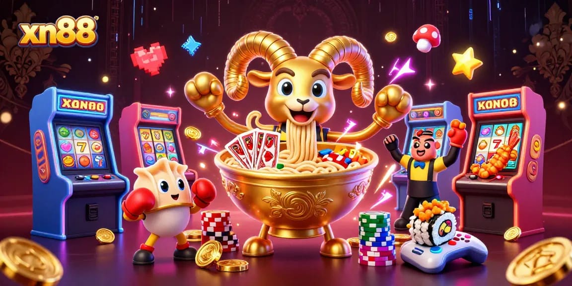 Engage with xn88 in a vibrant casino scene featuring playful characters and exciting gaming elements.