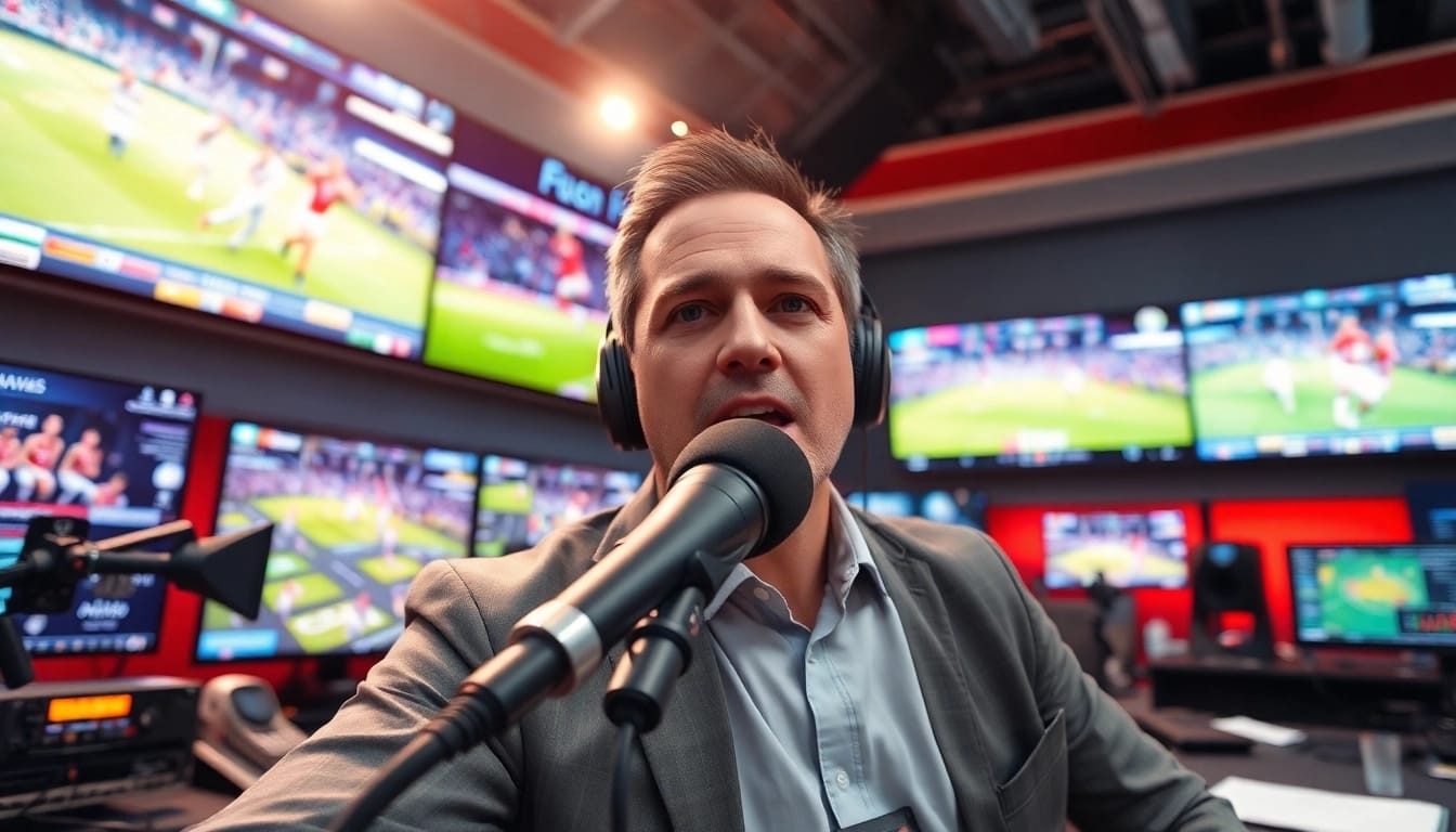 Engaging sports broadcasting scene with a professional broadcaster in a lively studio setting.