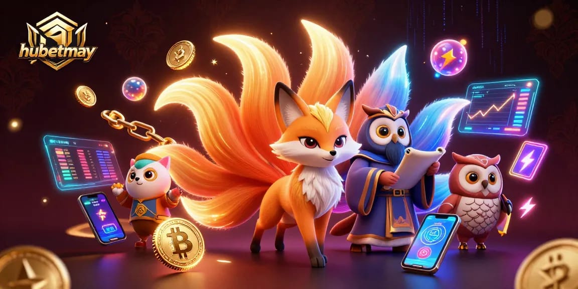 Engage with hubetmay's vibrant 3D universe showcasing animated spirits, crypto elements, and lively casino motifs.