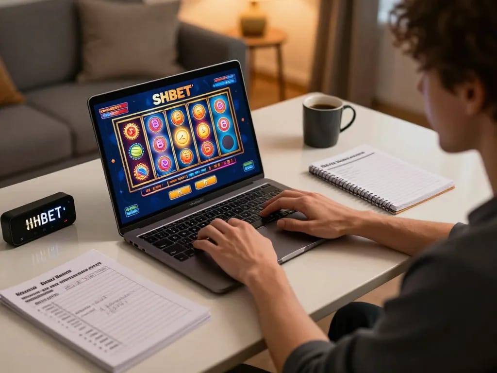 Engaged player enjoying SHBET online casino games with laptop, notes, and responsible gaming tools.
