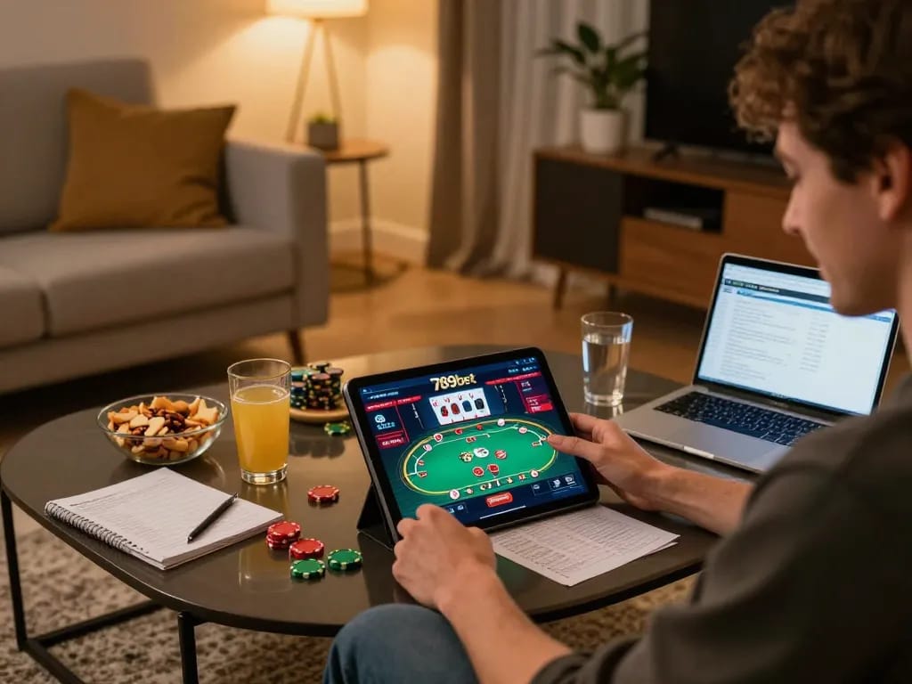 Player engaging with 789bet on tablet at home, showcasing strategic online gambling atmosphere