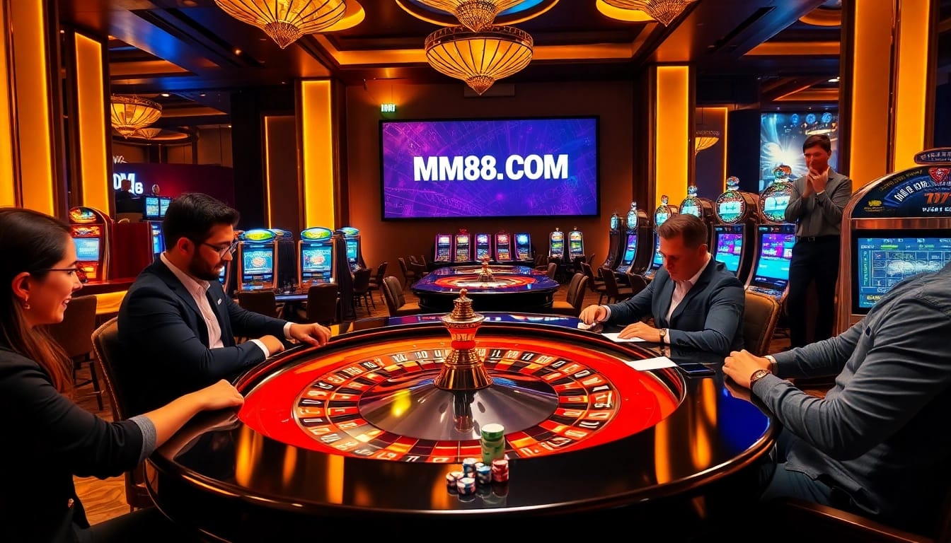 A vibrant casino scene showcasing roulette and poker gameplay at MM88 COM.