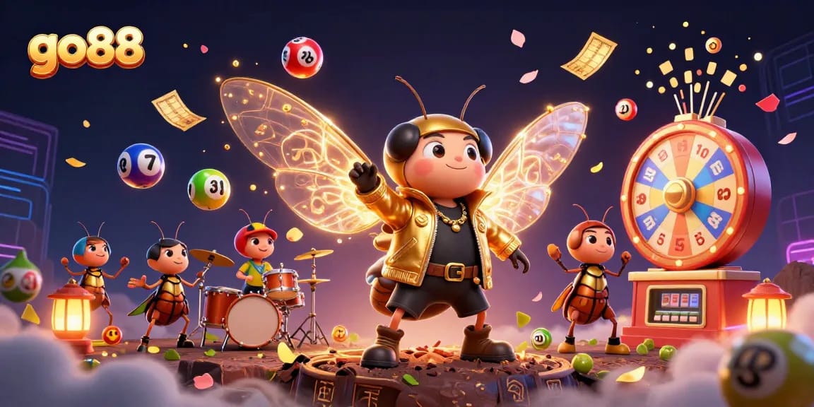 Experience go88 with vibrant lottery elements, a cicada rock star, and crickets in a lively scene.
