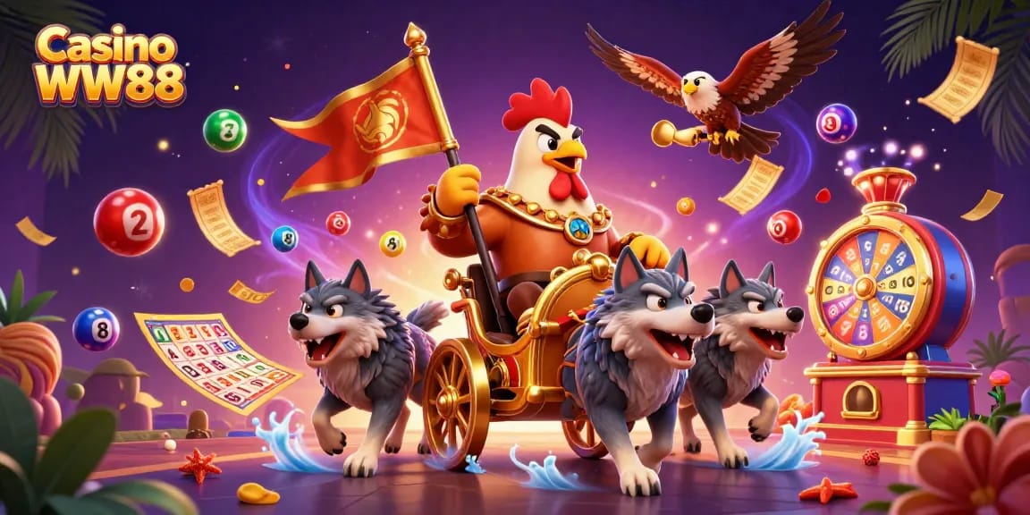Experience thrilling wins with Casino WW88, featuring a dynamic scene of colorful game elements and engaging characters.