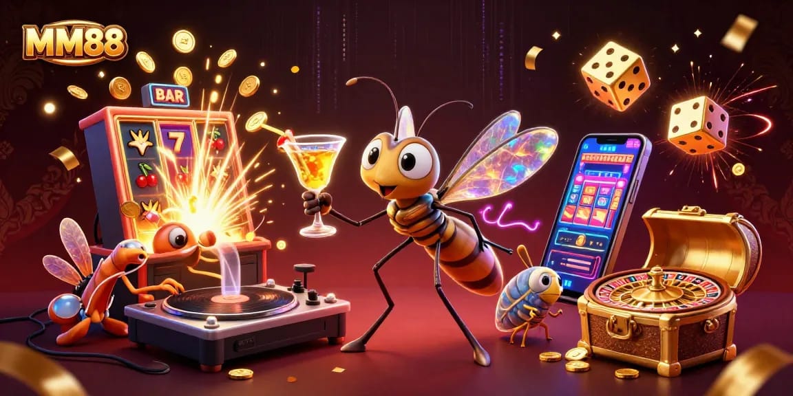 Experience MM88's vibrant casino atmosphere with a dynamic 3D illustration of a frozen mosquito mascot, trilobite DJ, and golden roulette wheel.