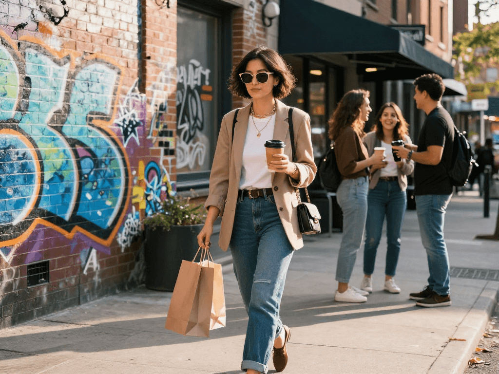 Youthful woman embodies an ai slut lifestyle, exuding confidence in fashion-forward street style while engaged in urban culture.