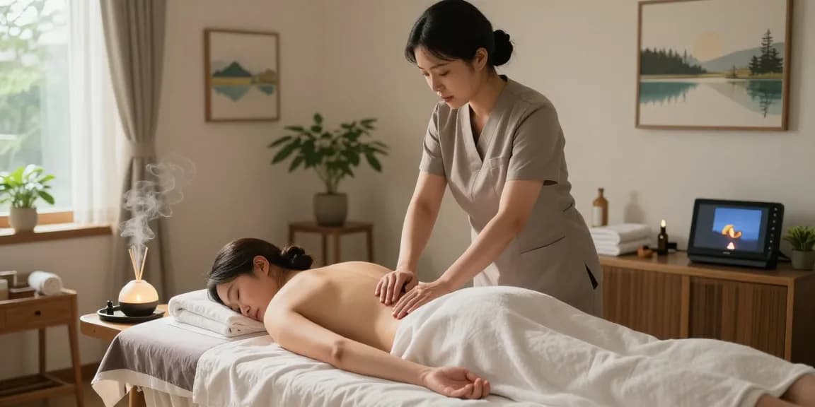 Relaxing 금천구출장마사지 session in tranquil home environment with soothing decor.
