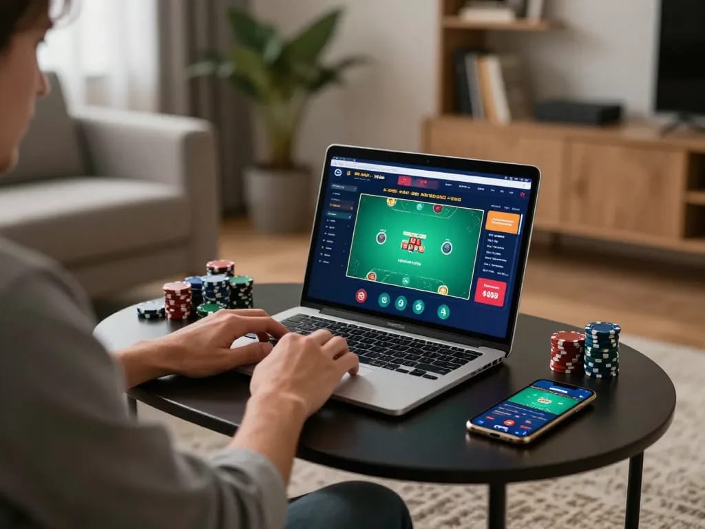 Player engaging with XX88 online casino games on a laptop in a cozy setting