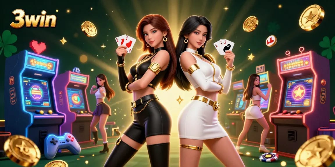 Engage with the thrilling world of 3win as stunning twin Asian women showcase their playing cards in a vibrant casino setting.