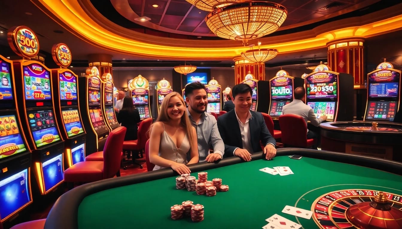 Gamblers experiencing the excitement of nohu90 at vibrant slot machines in a luxurious casino setting.