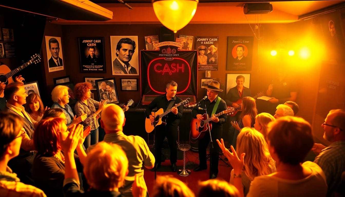 A lively celebration at johnnycashbirthday.com featuring a band performing with nostalgic vibes, a warm, engaging crowd, and vintage decor.