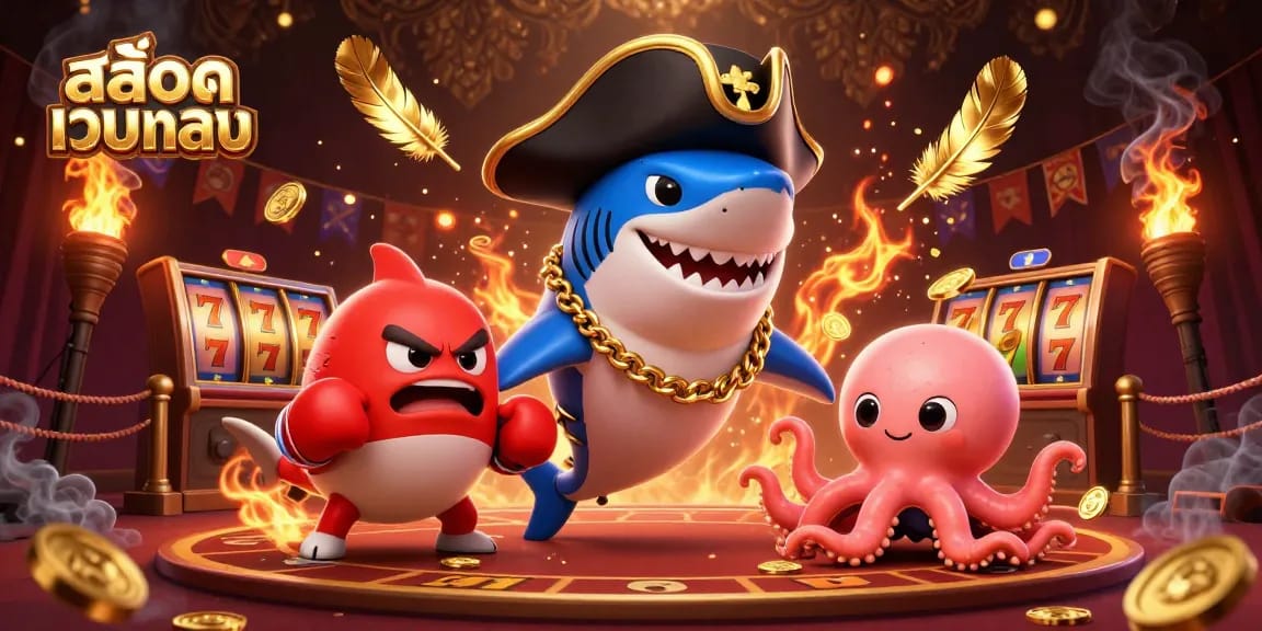 Experience the excitement of สล็อตเว็บตรง as a pirate shark and friends discover treasures in this vibrant casino scene.