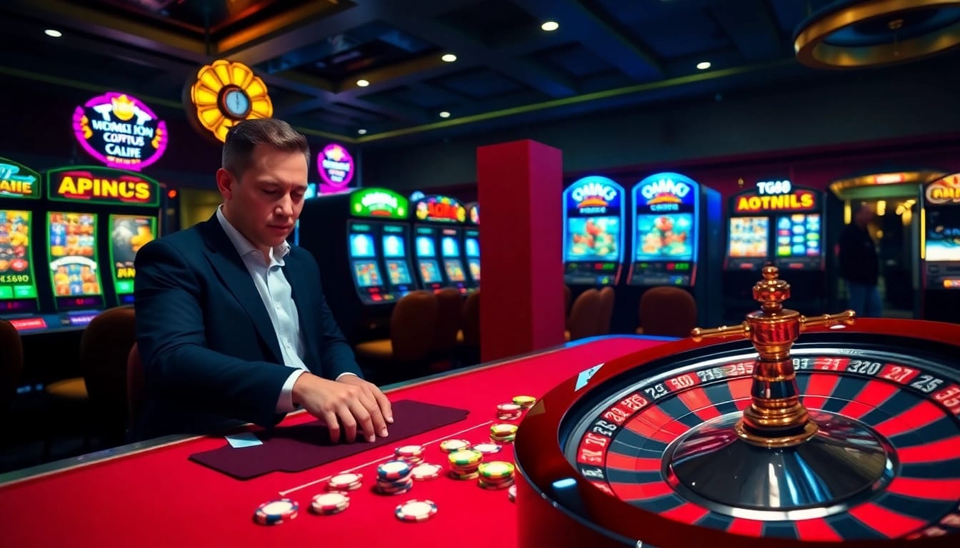 Engaging scene of an exciting casino table at TG88, with vibrant poker chips and a spinning roulette wheel.
