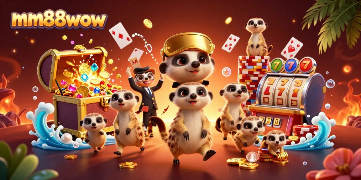 Join the fun at mm88wow as meerkats manage a vibrant casino ambiance filled with excitement and gaming action.