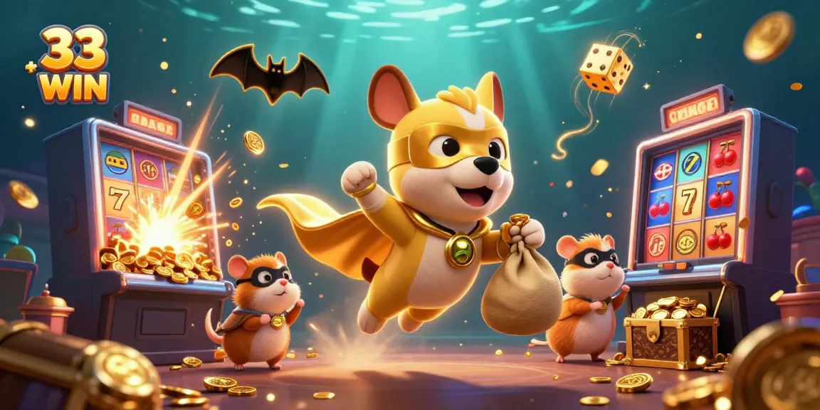 Engage with 33 WIN through this vibrant 3D casino scene featuring jackpot excitement and cartoon characters.