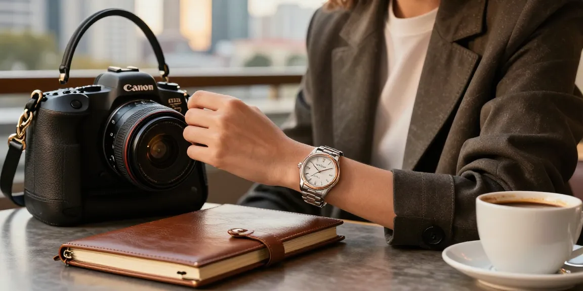 Stylish person showcasing a luxury replica watch while enjoying coffee at a cafe in the city.