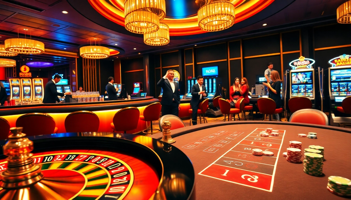 Players enjoying a thrilling game at RR88 casino, highlighted by vibrant roulette and poker elements.