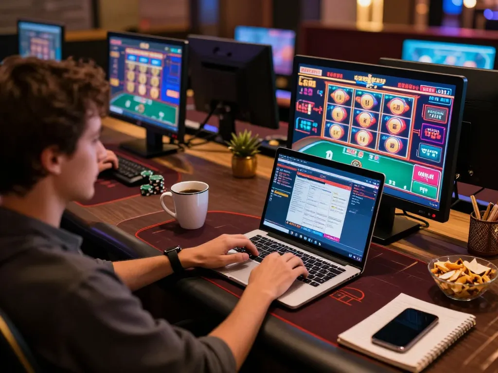 Person enjoying online casino games on laptop at home, showcasing hay88's engaging gaming interface.