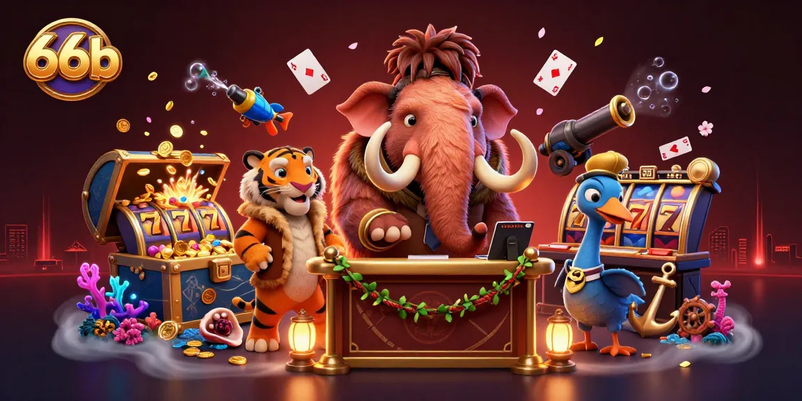 Engage in slots fun with 66b in a vibrant 3D casino scene featuring cartoon characters and rich game elements.
