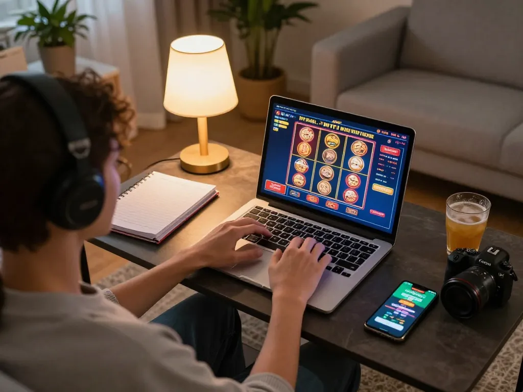 Bay789 user engaging in online casino gaming with laptop and strategy notes in a cozy home setting.