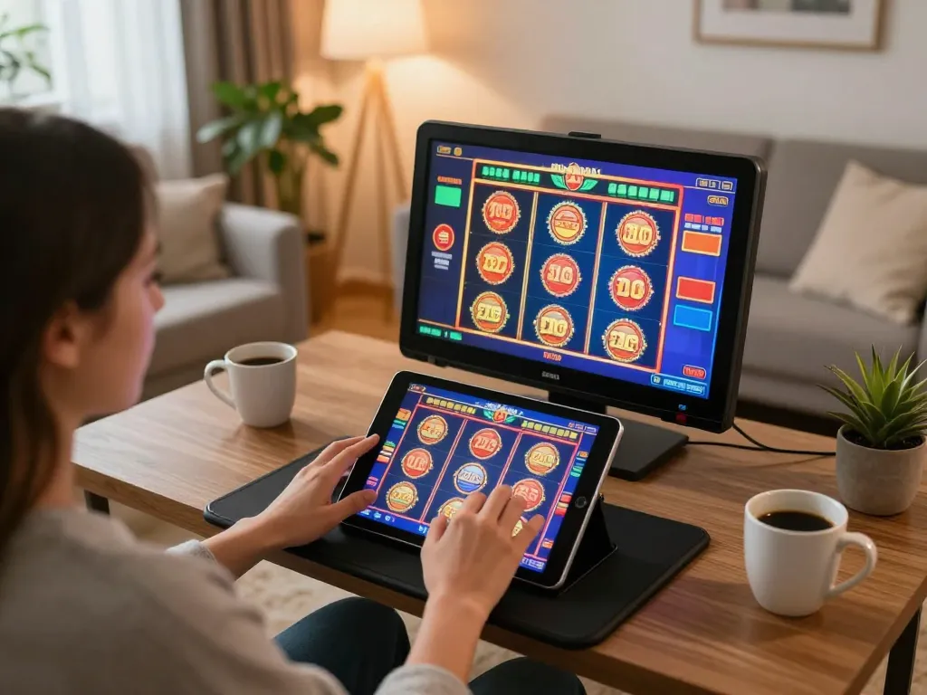 Engaging online gambling scene depicting studentvoiceaustralia user playing slots on a tablet.