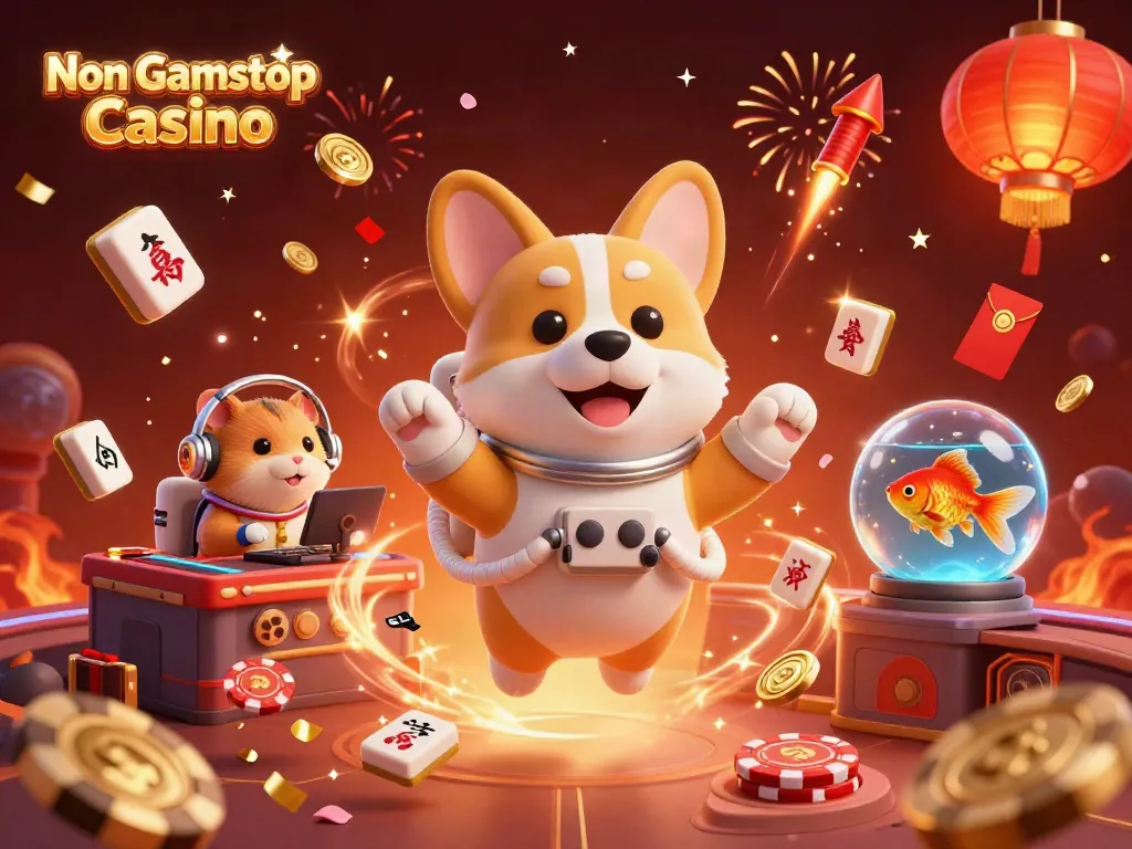 Experience the thrill of Non Gamstop Casino with a cartoon corgi and friends in a vibrant space setting.