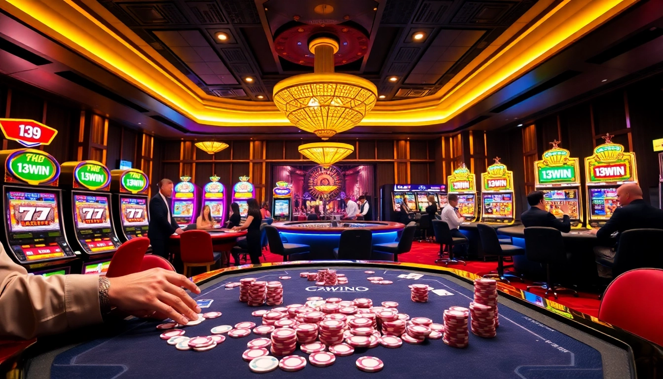Experience the thrill of gambling at https://13win-asia.com/ with vibrant casino scenes featuring poker tables and slot machines.
