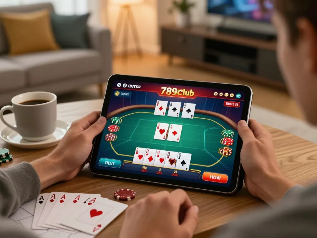 Trò chơi poker hấp dẫn trên 789club với người chơi sử dụng máy tính bảng trong không gian ấm cúng.