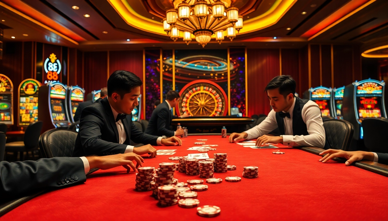 Experience the excitement of DA 88 at a luxurious casino poker table with vibrant lights.