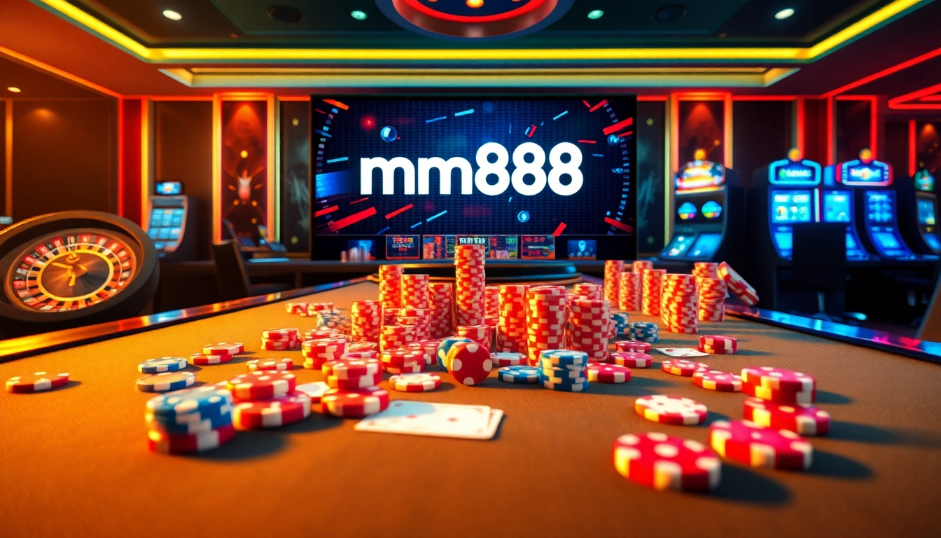 Engage in thrilling mm888 gaming with vibrant poker chips and a modern casino backdrop.