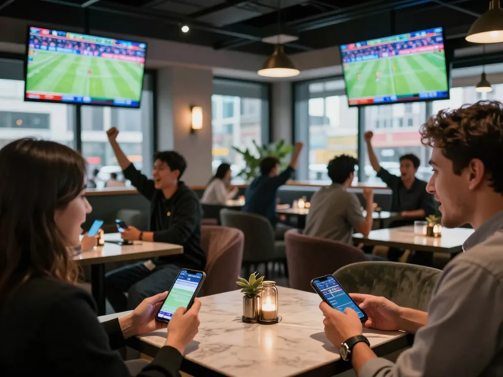 Betting on sports with SHBET using mobile apps while enjoying a vibrant lounge atmosphere.