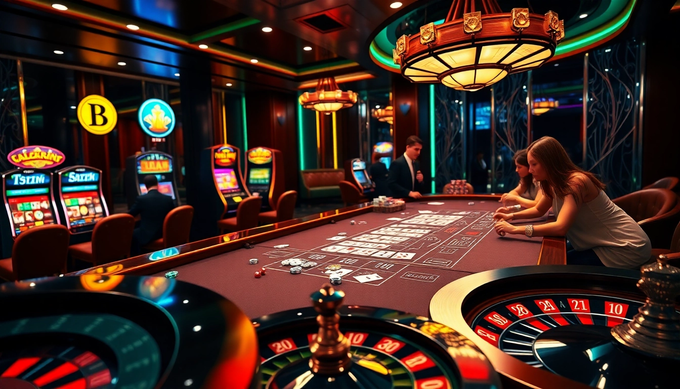 Excited players engaging in high-stakes blackjack at nk 88 casino table with vibrant slot machines behind
