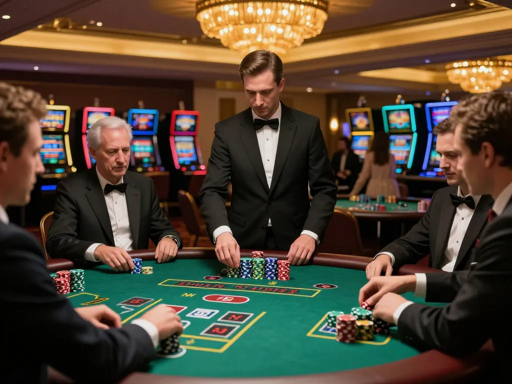 Engaged players at tr88 blackjack table strategizing bets in a luxury casino setting.