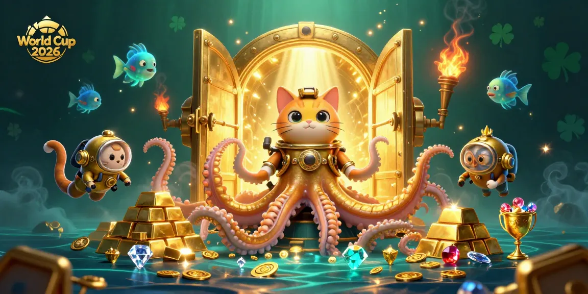 Engage in World Cup 2026 action with a kraken and diving cat in treasure-filled depths.