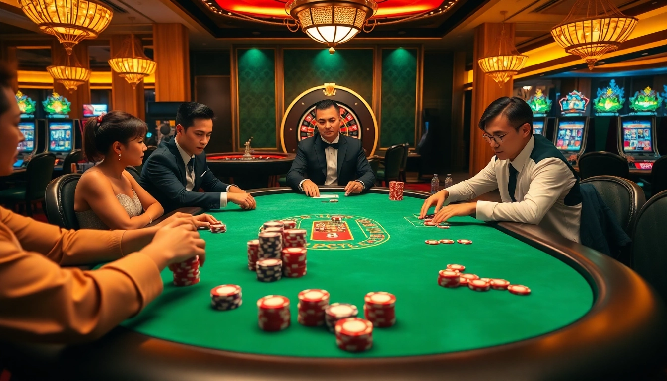 Experience the excitement of gambling at Nhà Cái RR88 with a high-stakes poker game and vibrant casino atmosphere.