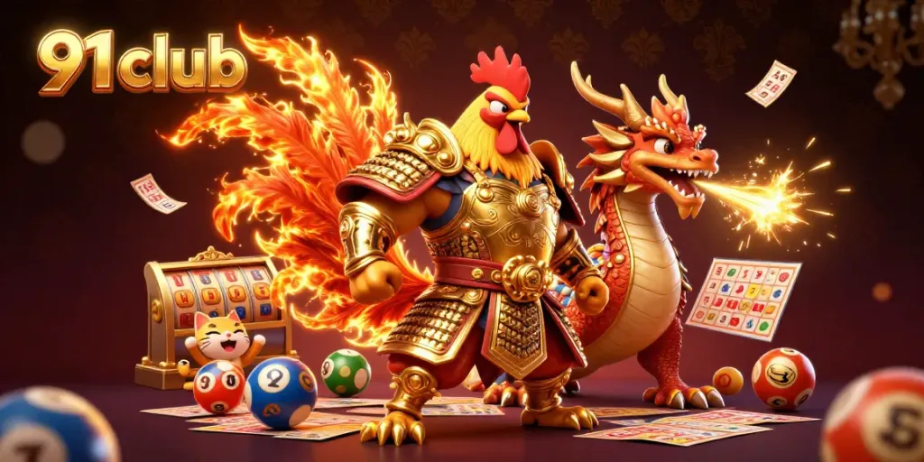 Win big with the 91 club as a rooster warrior and dragon hatchling celebrate in a vibrant casino scene.