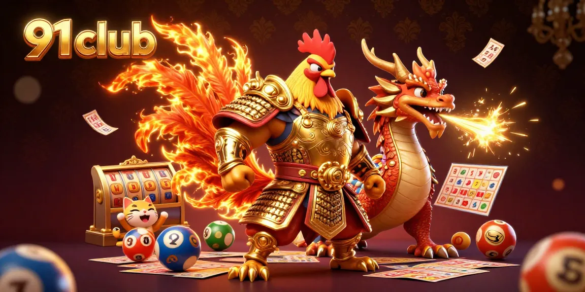Win big with the 91 club as a rooster warrior and dragon hatchling celebrate in a vibrant casino scene.